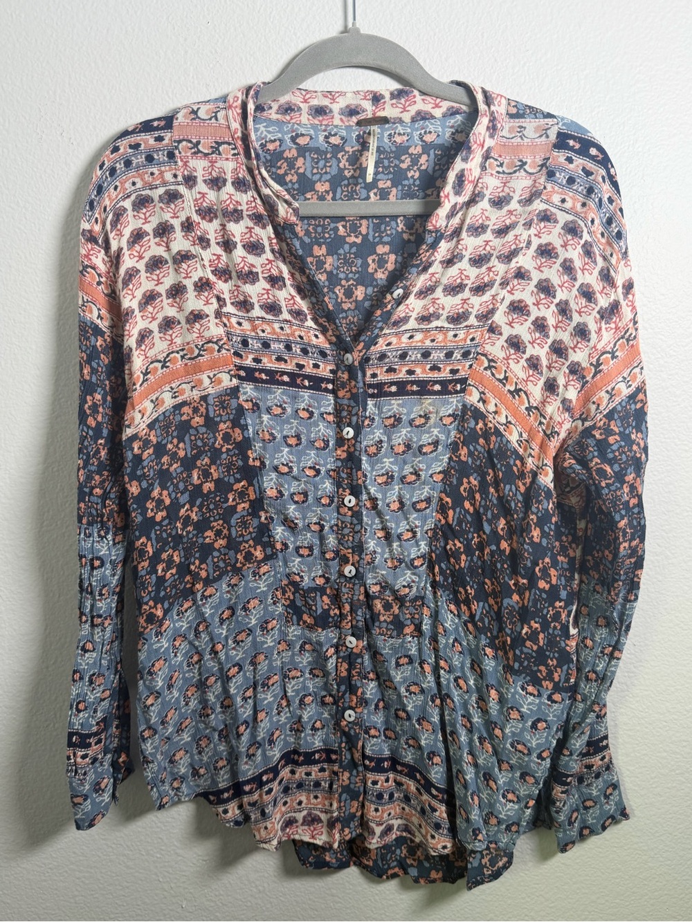 Free People Patterned Button-Front Colorblock Patchwork Boho Top Size S - Picture 5 of 14